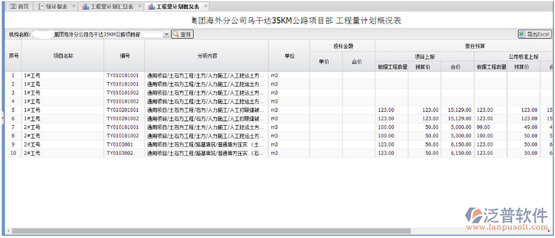 工程量計劃匯總表