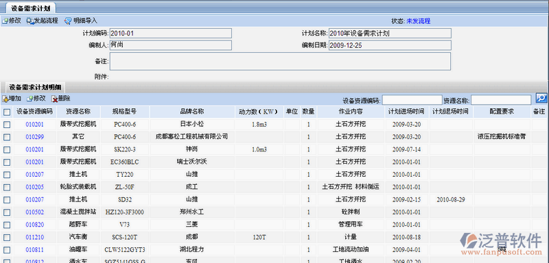 機械設備管理需求計劃、申請、進出場管理