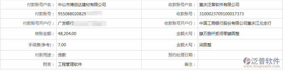 中山市博創(chuàng)達建材公司簽約OA智能辦公管理系統(tǒng)匯款記錄