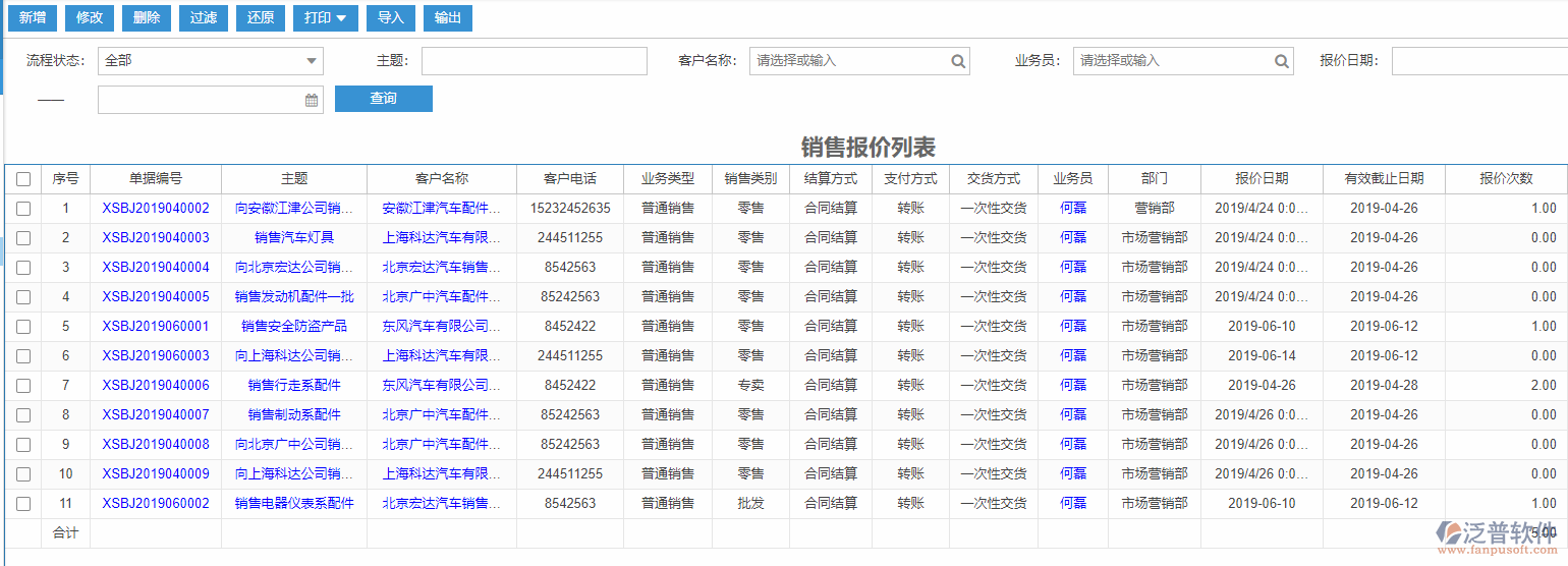 銷售報(bào)價(jià)列表