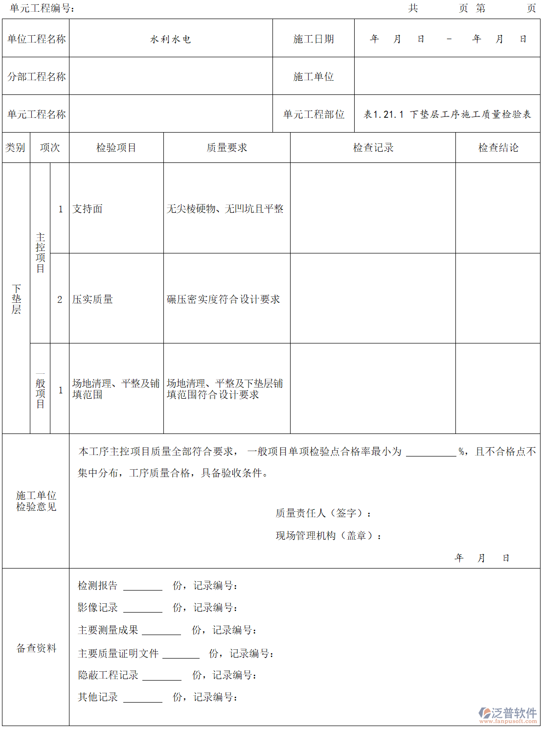 水利水電下墊層工序施工質量檢驗表