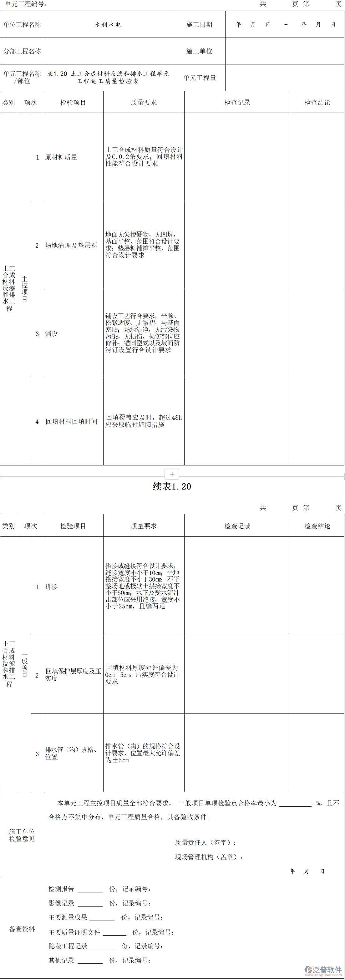 土工合成材料反濾和排水工程單元工程施工質(zhì)量檢驗表
